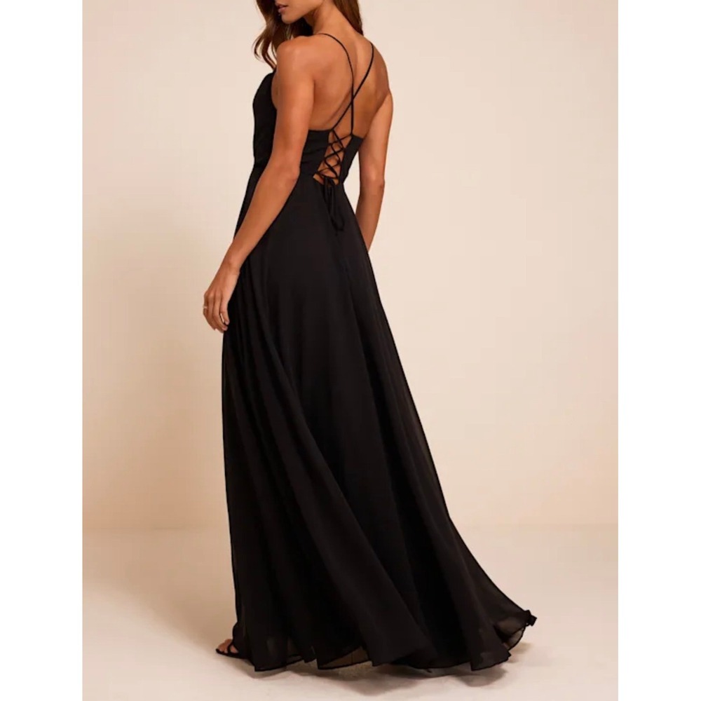 Lulus Romantically Speaking Black Cowl Lace Up Chiffon Maxi Dress NWT 1X 2688